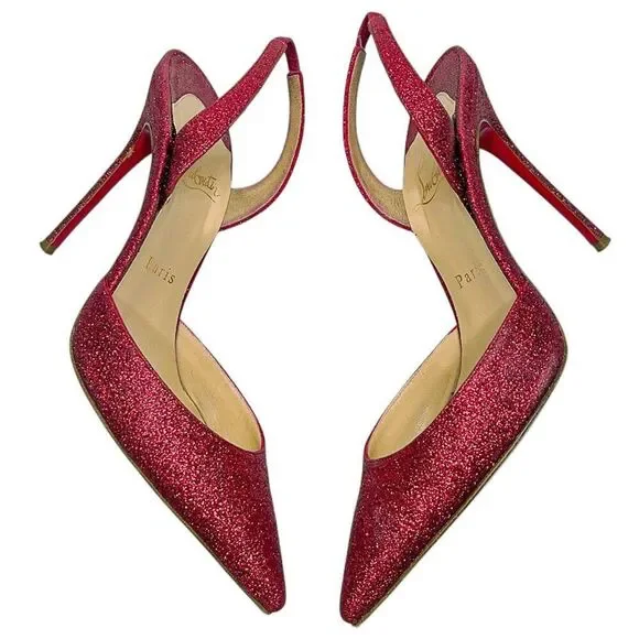 Christian Louboutin Ever 100 Red Glitter Slingback Heels EU 37.5 Sparkly Pumps - Picture 5 of 13